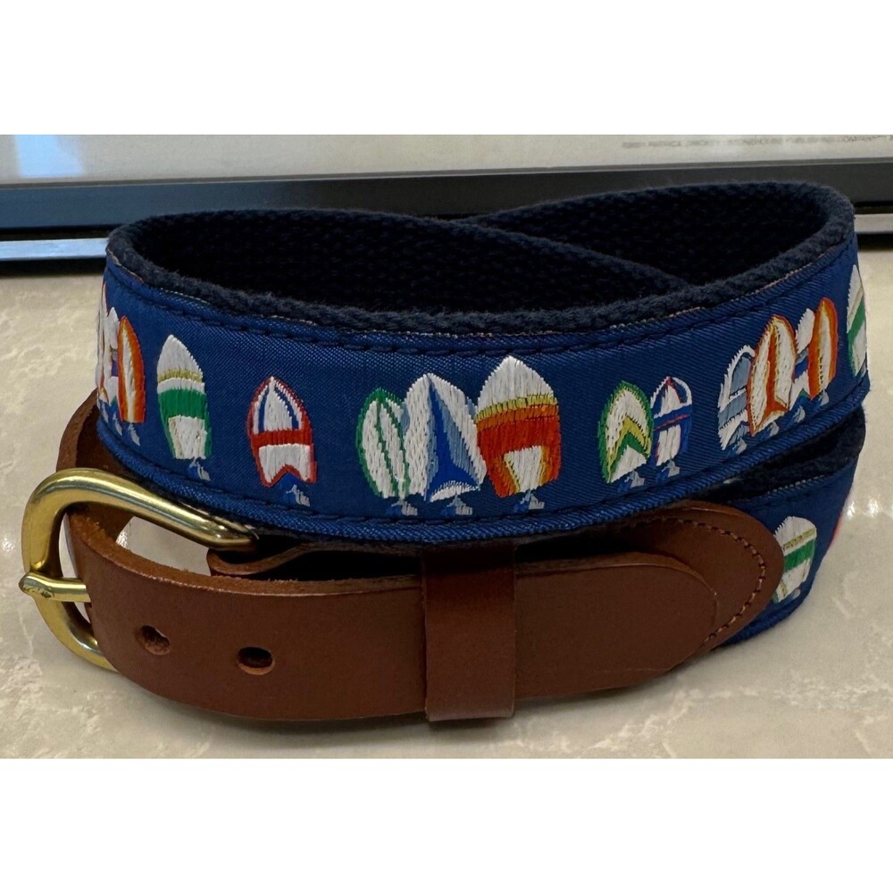 Leather Man LTD Essex CT USA - Canvas Leather Sailboats Belt Size 26 - Sailing